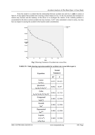 Accident Analysis At The Black Spot: A Case Study
DOI: 10.9790/1684-1262105114 www.iosrjournals.org 108 | Page
From the model it is evident that the relationship between accident rate and rise is cubic in nature at
Spot-A. It may appear that accident rate is having a direct impact on rise. As the rise increases the resistance to
motion may increase and the tendency of the driver is to accelerate the vehicle. If the visibility problem is
accumulated in the above section accident rate may increase. As R
2
value calculated is closer to unity, rise may
have an impact in causing the accident in the location under consideration.
Fig. 2 Showing Variation of Accident rate versus Rise.
TABLE IV: Table showing regression models for accident rate versus fall at spot-A.
 