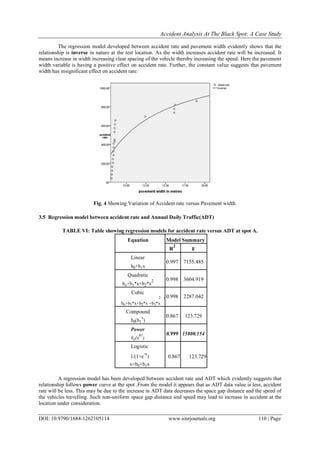 Accident Analysis At The Black Spot: A Case Study
DOI: 10.9790/1684-1262105114 www.iosrjournals.org 110 | Page
The regression model developed between accident rate and pavement width evidently shows that the
relationship is inverse in nature at the test location. As the width increases accident rate will be increased. It
means increase in width increasing clear spacing of the vehicle thereby increasing the speed. Here the pavement
width variable is having a positive effect on accident rate. Further, the constant value suggests that pavement
width has insignificant effect on accident rate.
Fig. 4 Showing Variation of Accident rate versus Pavement width.
3.5 Regression model between accident rate and Annual Daily Traffic(ADT)
TABLE VI: Table showing regression models for accident rate versus ADT at spot A.
Equation Model Summary
R
2
F
Linear
0.997 7155.485
b0+b1x
Quadratic
0.998 3604.919
bo+b1*x+b2*x
2
Cubic
0.998 2287.0422 3
bo+b1*x+b2*x +b3*x
Compound
0.867 123.729
b0(b1
x
)
Power
0.999 15800.154
bo(x
b1
)
Logistic
1/(1+e
-x
) 0.867 123.729
x=b0+b1x
A regression model has been developed between accident rate and ADT which evidently suggests that
relationship follows power curve at the spot .From the model it appears that as ADT data value is less, accident
rate will be less. This may be due to the increase in ADT data decreases the space gap distance and the speed of
the vehicles travelling. Such non-uniform space gap distance and speed may lead to increase in accident at the
location under consideration.
 