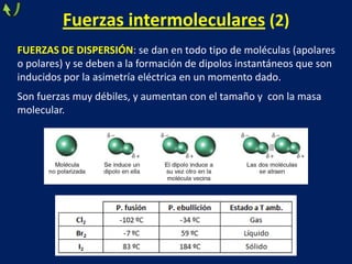 Fuerzas intermoleculares (2)
FUERZAS DE DISPERSIÓN: se dan en todo tipo de moléculas (apolares
o polares) y se deben a la formación de dipolos instantáneos que son
inducidos por la asimetría eléctrica en un momento dado.
Son fuerzas muy débiles, y aumentan con el tamaño y con la masa
molecular.

 