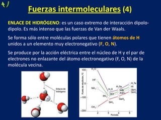 Fuerzas intermoleculares (4)
ENLACE DE HIDRÓGENO: es un caso extremo de interacción dipolodipolo. Es más intenso que las fuerzas de Van der Waals.
Se forma sólo entre moléculas polares que tienen átomos de H
unidos a un elemento muy electronegativo (F, O, N).

Se produce por la acción eléctrica entre el núcleo de H y el par de
electrones no enlazante del átomo electronegativo (F, O, N) de la
molécula vecina.

 