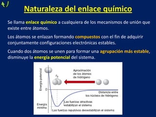 Naturaleza del enlace químico
Se llama enlace químico a cualquiera de los mecanismos de unión que
existe entre átomos.
Los átomos se enlazan formando compuestos con el fin de adquirir
conjuntamente configuraciones electrónicas estables.

Cuando dos átomos se unen para formar una agrupación más estable,
disminuye la energía potencial del sistema.

 