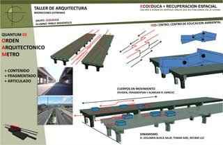 ECOEDUCA + RECUPERACION ESPACIALVOLVER A PONER EN SERVICIO AREAS QUE NO FUNCIONAN EN LA CIUDADTALLER DE ARQUITECTURAMIGRACIONES EXTREMASGRUPO: ECOEDUCAALUMNO: PABLO WIESENFELDECO-CENTRO: CENTRO DE EDUCACION AMBIENTALQUANTUM 03ORDEN ARQUITECTONICOMETROEMPLAZAMIENTO Y RELACIONESCICLO DEL CONOCIMIENTOBIBLIOTECA INTERACTIVABIBLIOTECAEDUCACIONCENTRO EDUCATIVOINTEGRACIONESTACION DE METROPARQUEPARQUE EDUCATIVO
