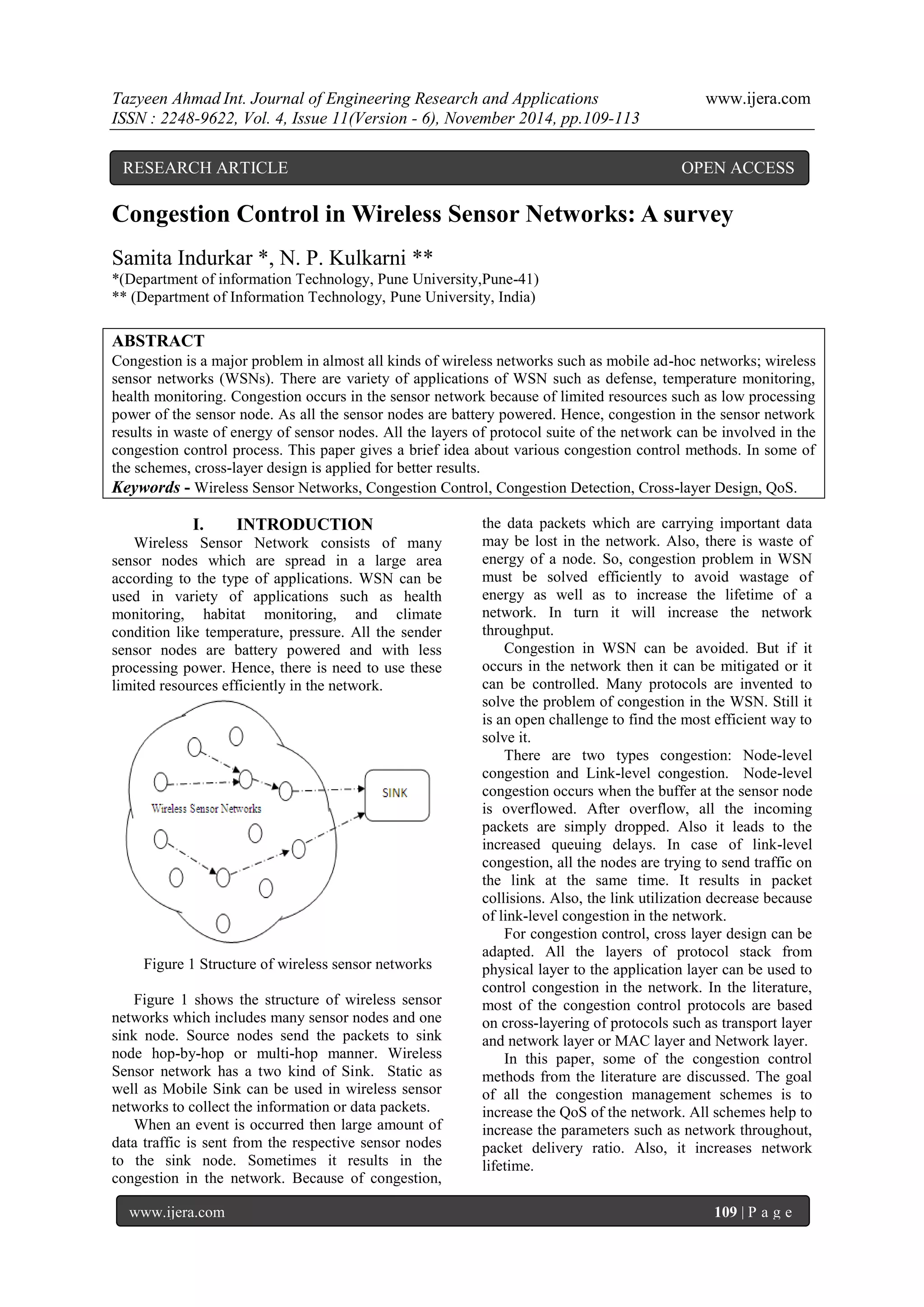 Congestion Control in Wireless Sensor Networks: A survey | PDF