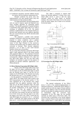 Prof. R. P. Sarnaik et al Int. Journal of Engineering Research and Applications www.ijera.com
ISSN : 2248-9622, Vol. 4, Issue 4( Version 6), April 2014, pp.77-80
www.ijera.com 78 | P a g e
c) Conditional speculative decimal addition having
low latency and less hardware requirements [6].
Designer preferred the (Q-T) carry tree
implementation over their parallel prefix carry tree
implementation for their proposed adder.
For high performance decimal floating point
units are used to improve speed and Optimize area
using recoding algorithm by generating partial
products. The parallel generation of partial products
is performed using signed digit radix-10 or radix-5
recodings of multipliers [6] & [8]. The partial
products is implemented in a tree structure based on a
decimal multi operand carry-save addition algorithm
that uses unconventional (non BCD) decimal-coded
number systems.
The proposed a parallel serial decimal
multiplier architecture which provides parallel serial
proposal to reduce complexity and it exploits
overlapping update to speed up pipeline [7]. The
values of the Digit Products in the successive
columns of the product array are added in binary and
converted in decimal. Their decimal alignment
generates a set of three or four serial decimal
numbers whose sum is the product.
We are using Direct Boolean expressions BCD digit
adder’s major approach which is the fastest among
other proposed adders [1]. The proposed Correction
free BCD digit adder increases the speed by applying
correction-free addition techniques [11]. Also two
new BCD digit adders and one new BCD digit
multiplier are included in paper for the purpose of
speeding up decimal arithmetic applications over
FPGAs [8] & [9].
2.1 Direct Boolean Expressions BCD Digit Adder
Design a direct BCD digit adder using a four
bit input, five bit output combinational logic. The
four bit inputs are the two BCD input digits A and B
plus the decimal carry input Cin and the five bit
outputs are the BCD digit of the decimal sum S plus
the decimal carry out Cout. For example, to add (6 + 7
= 13), this operation is translated to (0110 + 0111 =
10011) BCD. The output result (10011) BCD is the
BCD representation of the decimal number 13. The
most significant bit is the decimal carry output
generated from the addition operation, while the
other bits are the BCD summation digit. The truth
table for all output logic functions is constructed for
all possible combinations of the inputs. Since the
inputs are nine bits, the number of possible
combinations is 24
= 16. Many of these combinations
are valid since 4-bit number can take any value from
0 to (15)10. In the case when the input is not valid,
the output is set to don’t care. Table 1 consist the two
input BCD digits are assumed to be A = a3a2a1a0
and B = b3b2b1b0. The output consists of the BCD
digit sum S = s3s2s1s0 and the decimal carry output.
This adder is designed to support both
binary and decimal additions. A binary carry look-
ahead adder (CLA) is used to add two input
operands, which are either binary or decimal
numbers. The result of the binary CLA is the correct
result for binary inputs, but it needs to be corrected
for decimal inputs.
Fig1: Conventional BCD Adder
Table 1: BCD Adder
Inputs Outputs
Cin a3 a2 a1
a0
b3 b2 b1
b0
Cout s3 s2 s1
s0
0 0110 1000 1 0100
1 1001 1001 1 1001
0 1100 0001 - ----
2.2 Correction Free BCD Digit Adder
Fig 2: Correction free BCD adder
The internal architecture of the FPGA
device is used in the synthesis/implementation to
optimized speed/area. Traditionally BCD addition is
usually carried out with two stages of binary addition
(one adder for addition of the two decimal operands
and the second adder for adding correction value) and
an intermediate stage for correction logic
computation. In the first stage, the two decimal
operands are added using a 4-bit binary adder. The
correction that is performed in the second addition
stage is required whenever the result of first addition
stage is greater than 9 = (1001) BCD. The correction
 