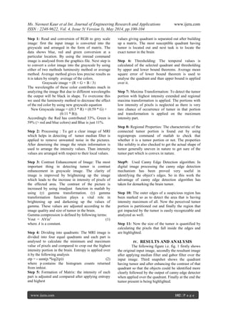 Ms. Navneet Kaur et al Int. Journal of Engineering Research and Applications www.ijera.com
ISSN : 2248-9622, Vol. 4, Issue 5( Version 3), May 2014, pp.100-104
www.ijera.com 102 | P a g e
Step 1: Read and conversion of RGB to grey scale
image: first the input image is converted into the
greyscale and arranged in the form of matrix. The
data shows blue, red and green conversion at a
particular location. By using the imread command
image is analysed from the graphics file. Next step is
to convert a color image into the grayscale by using
either of two methods luminosity method or average
method. Average method gives less precise results as
it is taken by simply average of the colors.
Grayscale image = (R + G + B / 3)
The wavelengths of these color contributes much in
analyzing the image But due to different wavelengths
the output will be black in shape. To overcome this
we used the luminosity method to decrease the effect
of the red color by using new grayscale equation
New Grayscale image = ((0.3 * R) + (0.59 * G) +
(0.11 * B)).
Accordingly the Red has contributed 33%, Green is
59% (> red and blue colors) and Blue is just 11%.
Step 2: Processing : To get a clear image of MRI
which helps in detecting of tumor median filter is
applied to remove unwanted noise in the pictures.
After denoising the image the retain information is
used to arrange the intensity values. Than intensity
values are arranged with respect to their local values.
Step 3: Contrast Enhancement of Image: The most
important thing in detecting tumor is contrast
enhancement in grayscale image. The clarity of
image is improved by brightening up the image
which leads to the increase in intensity of pixels of
the effected area. The contrast of the picture is
increased by using imadjust function in matlab by
using (γ) gamma transformation. (γ) gamma
transformation function plays a vital role in
brightening up and darkening up the values of
gamma. These values are adjusted according to the
image quality and size of tumor in the brain.
Gamma compression is defined by following terms:
Vout = AVinγ
(1)
where A is a constant.
Step 4: Dividing into quadrants: The MRI image is
divided into four equal quadrants and each part is
analysed to calculate the minimum and maximum
value of pixels and compared to crop out the highest
intensity portion in the brain. Entropy is applied over
it by the following analysis
etp = - sum(p.*log2(p)) (2)
where p contains the histogram counts returned
from imhist.
Step 5: Formation of Matrix: the intensity of each
part is adjusted and compared after applying entropy
and highest
values giving quadrant is separated out after building
up a matrix. The most susceptible quadrant having
tumor is located out and next task is to locate the
exact tumor in the brain
Step 6: Thresholding: The temporal values is
calculated of the selected quadrant and thresholding
by upper and lower bound theorems. Average mean
square error of lower bound theorem is used to
analyse the quadrant and than upper bound is applied
over it.
Step 7: Maxima Transformation: To detect the tumor
portion with highest intensity extended and regional
maxima transformation is applied. The portions with
low intensity of pixels is neglected as there is very
rare chance of occurrence of tumor in that portion
and transformation is applied on the maximum
intensity part.
Step 8: Regional Properties: The characteristic of the
connected tumor portion is found out by using
regionprops command of matlab to check that
whether it is a tumor portion or not. The properties
like solidity is also checked to get the actual shape of
tumor generally uneven in nature to get sure of the
tumor part which is convex in nature.
Step9: Used Canny Edge Detection algorithm: In
digital image processing the canny edge detection
mechanism has been proved very useful in
identifying the object’s edges. So in this work the
advantage of canny edge detection algorithm has
taken for demarking the brain tumor.
Step 10: The outer edges of a suspicious region has
been marked so as to detect the area that is having
intensity maximum of all. Now the perceived tumor
portion is partitioned out and finally the region that
got impacted by the tumor is easily recognizable and
analyzed as well.
Step 11: Now the size of the tumor is quantified by
calculating the pixels that fall inside the edges and
are highlighted.
IV. RESULTS AND ANALYSIS
The following figure i.e. fig. 1 firstly shows
the original input image, secondly the resultant image
after applying median filter and gabor filter over the
input image. Third snapshot shows the quadrant
having tumor and after enhancing the contrast of that
quadrant so that the objects could be identified more
clearly followed by the output of canny edge detector
when applied over the quadrant. Finally at the end the
tumor present is being highlighted.
 