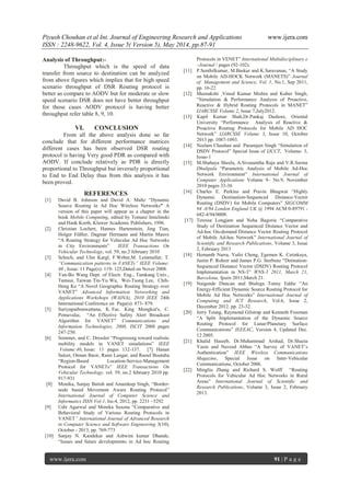 Piyush Chouhan et al Int. Journal of Engineering Research and Applications www.ijera.com
ISSN : 2248-9622, Vol. 4, Issue 5( Version 5), May 2014, pp.87-91
www.ijera.com 91 | P a g e
Analysis of Throughput:-
Throughput which is the speed of data
transfer from source to destination can be analyzed
from above figures which implies that for high speed
scenario throughput of DSR Routing protocol is
better as compare to AODV but for moderate or slow
speed scenario DSR does not have better throughput
for those cases AODV protocol is having better
throughput refer table 8, 9, 10.
VI. CONCLUSION
From all the above analysis done so far
conclude that for different performance matrices
different cases has been observed DSR routing
protocol is having Very good PDR as compared with
AODV. If conclude relatively as PDR is directly
proportional to Throughput but inversely proportional
to End to End Delay thus from this analysis it has
been proved.
REFERENCES
[1] David B. Johnson and David A. Maltz “Dynamic
Source Routing in Ad Hoc Wireless Networks” A
version of this paper will appear as a chapter in the
book Mobile Computing, edited by Tomasz Imielinski
and Hank Korth, Kluwer Academic Publishers, 1996.
[2] Christian Lochert, Hannes Hartenstein, Jing Tian,
Holger Füßler, Dagmar Hermann and Martin Mauve
“A Routing Strategy for Vehicular Ad Hoc Networks
in City Environments” IEEE Transactions On
Vehicular Technology, vol. 59, no.2 february 2010
[3] Schoch, and Ulm Kargl, F.Weber,M. Leinmuller, T.
“Communication patterns in VANETs” IEEE Volume:
46 , Issue: 11 Page(s): 119- 125,Dated on Nover 2008.
[4] Yan-Bo Wang Dept. of Electr. Eng., Tamkang Univ.,
Tamsui, Taiwan Tin-Yu Wu, Wei-Tsong Lee, Chih-
Heng Ke “A Novel Geographic Routing Strategy over
VANET” Advanced Information Networking and
Applications Workshops (WAINA), 2010 IEEE 24th
International Conference on Page(s): 873- 879.
[5] Suriyapaibonwattana, K. Fac. King Mongkut's, C.
Pomavalai, “An Effective Safety Alert Broadcast
Algorithm for VANET” Communications and
Information Technologies, 2008, ISCIT 2008 pages
247-250.
[6] Sommer, and C. Dressler “Progressing toward realistic
mobility models in VANET simulations” IEEE
Volume:46, Issue: 11 pages 132-137. [7] Hanan
Saleet, Otman Basir, Rami Langar, and Raouf Boutaba
“Region-Based Location-Service-Management
Protocol for VANETs” IEEE Transactions On
Vehicular Technology, vol. 59, no.2 february 2010 pp.
917-931
[8] Monika, Sanjay Batish and Amardeep Singh, “Border-
node based Movement Aware Routing Protocol”
International Journal of Computer Science and
Informatics ISSN Vol-1, Iss-4, 2012, pp. 2231 –5292
[9] Udit Agarwal and Monika Saxena “Comparative and
Behavioral Study of Various Routing Protocols in
VANET” International Journal of Advanced Research
in Computer Science and Software Engineering 3(10),
October - 2013, pp. 769-773
[10] Sanjay N. Kandekar and Ashwini kumar Dhande,
“Issues and future developments in Ad hoc Routing
Protocols in VENET” International Multidisciplinary e
–Journal / pages (92-102).
[11] P.Senthilkumar, M.Baskar and K.Saravanan, “A Study
on Mobile AD-HOCK Network (MANETS)” Journal
of Management and Science, Vol. 1, No.1, Sep 2011,
pp. 16-22
[12] Meenakshi ,Vinod Kumar Mishra and Kuber Singh,
“Simulation & Performance Analysis of Proactive,
Reactive & Hybrid Routing Protocols in MANET”
IJARCSSE Volume 2, Issue 7,July2012.
[13] Kapil Kumar Shah,Dr.Pankaj Dashore, Oriental
University “Performance Analysis of Reactive &
Proactive Routing Protocols for Mobile AD HOC
Network” IJARCSSE Volume 3, Issue 10, October
2013 pp. 1087-1093.
[14] Neelam Chauhan and Paramjeet Singh “Simulation of
DSDV Protocol” Special Issue of IJCCT, Volume- 3,
Issue-1
[15] M.Shahaya Sheela, A.Sivanantha Raja and V.R.Sarma
Dhulipala “Parametric Analysis of Mobile Ad-Hoc
Network Environment” International Journal of
Computer Applications Volume 9– No.9, November
2010 pages 33-36
[16] Charles E. Perkins and Pravin Bhagwat “Highly
Dynamic Destination-Sequenced Distance-Vector
Routing (DSDV) for Mobile Computers” SIGCOMM
94 -8/94 London England UK @ 1994 ACM 0-89791 -
682-4/94/0008.
[17] Teressa Longjam and Neha Bagoria “Comparative
Study of Destination Sequenced Distance Vector and
Ad-hoc On-demand Distance Vector Routing Protocol
of Mobile Ad-hoc Network” International Journal of
Scientific and Research Publications, Volume 3, Issue
2, February 2013
[18] Hemanth Narra, Yufei Cheng, Egemen K. Cetinkaya,
Justin P. Rohrer and James P.G. Sterbenz “Detination-
Sequenced Distance Vector (DSDV) Routing Protocol
Implementation in NS-3” WNS-3 2011, March 21,
Barcelona, Spain 2011,March 21.
[19] Naigende Duncan and Btulega Tonny Eddie “An
Energy-Efficient Dynamic Source Routing Protocol for
Mobile Ad Hoc Networks” International Journal of
Computing and ICT Research, Vol.6, Issue 2,
December 2012. pp. 23-32.
[20] Jerry Toung, Raymond Gilstrap and Kenneth Freeman
“A Split Implementation of the Dynamic Source
Routing Protocol for Lunar/Planetary Surface
Communications” IEEEAC, Version 4, Updated Dec.
12 2005.
[21] Khalid Haseeb, Dr.Muhammad Arshad, Dr.Shazia
Yasin and Naveed Abbas “A Survey of VANET’s
Authentication” IEEE Wireless Communications
Magazine, Special Issue on Inter-Vehicular
Communications, October 2006.
[22] Mingliu Zhang and Richard S. Wolff “Routing
Protocols for Vehicular Ad Hoc Networks in Rural
Areas” International Journal of Scientific and
Research Publications, Volume 3, Issue 2, February
2013.
 