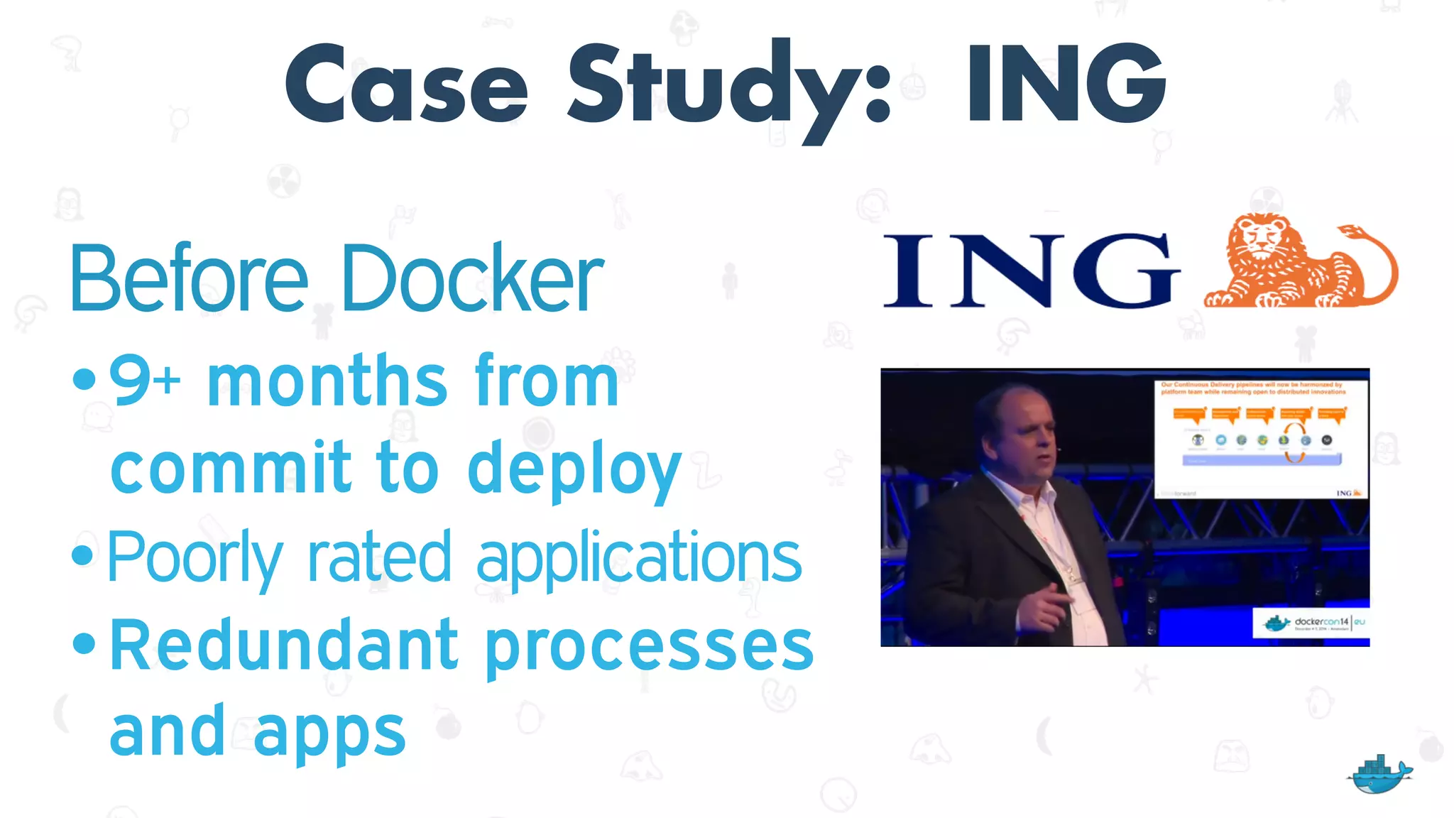 Case Study: ING
Before Docker
•9+ months from
commit to deploy
• Poorly rated applications
•Redundant processes
and apps
 