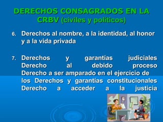 DERECHOS CONSAGRADOS EN LADERECHOS CONSAGRADOS EN LA
CRBVCRBV (civiles y políticos)(civiles y políticos)
6.6. Derechos al nombre, a la identidad, al honorDerechos al nombre, a la identidad, al honor
yy aa lala vida privadavida privada
7.7. Derechos y garantías judicialesDerechos y garantías judiciales
Derecho al debido procesoDerecho al debido proceso
Derecho a ser amparado en el ejercicio deDerecho a ser amparado en el ejercicio de
los Derechos y garantías constitucionaleslos Derechos y garantías constitucionales
Derecho a acceder a la justiciaDerecho a acceder a la justicia
 