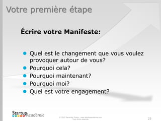 Votre première étape
© 2012 Davender Gupta - www.startupacademie.com
Tous droits réservés 23
Écrire votre Manifeste:
 Quel est le changement que vous voulez
provoquer autour de vous?
 Pourquoi cela?
 Pourquoi maintenant?
 Pourquoi moi?
 Quel est votre engagement?
 