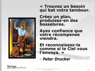 © 2012 Davender Gupta - www.startupacademie.com
Tous droits réservés 25
« Trouvez un besoin
qui bat votre tambour.
Créez un plan,
produisez-en des
bosselures.
Ayez confiance que
votre récompense
viendra.
Et reconnaissez-la
comme si le Ciel vous
l'envoya. »
- Peter Drucker
 