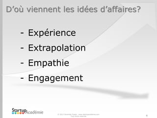 D’où viennent les idées d’affaires?
© 2012 Davender Gupta - www.startupacademie.com
Tous droits réservés 4
- Expérience
- Extrapolation
- Empathie
- Engagement
 