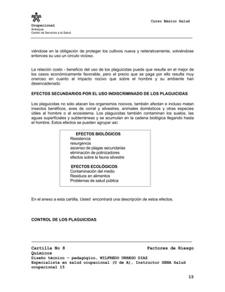 Curso Básico Salud
Ocupacional
Antioquia
Centro de Servicios a la Salud




viéndose en la obligación de proteger los cultivos nueva y reiterativamente, volviéndose
entonces su uso un circulo vicioso.


La relación costo - beneficio del uso de los plaguicidas puede que resulte en el mejor de
los casos económicamente favorable, pero el precio que se paga por ello resulta muy
oneroso en cuanto al impacto nocivo que sobre el hombre y su ambiente han
desencadenado

EFECTOS SECUNDARIOS POR EL USO INDISCRIMINADO DE LOS PLAGUICIDAS

Los plaguicidas no sólo atacan los organismos nocivos, también afectan e incluso matan
insectos benéficos, aves de corral y silvestres, animales domésticos y otras especies
útiles al hombre o al ecosistema. Los plaguicidas también contaminan los suelos, las
aguas superficiales y subterráneas y se acumulan en la cadena biológica llegando hasta
el hombre. Estos efectos se pueden agrupar así:

                                 EFECTOS BIOLÓGICOS
                             Resistencia
                             resurgencia
                             ascenso de plagas secundarias
                             eliminación de polinizadores
                             efectos sobre la fauna silvestre

                             EFECTOS ECOLÓGICOS
                             Contaminación del medio
                             Residuos en alimentos
                             Problemas de salud pública



En el anexo a esta cartilla, Usted encontrará una descripción de estos efectos.




CONTROL DE LOS PLAGUICIDAS




Cartilla No 8                                                   Factores de Riesgo
Químicos
Diseño técnico – pedagógico, WILFREDO URREGO DIAZ
Especialista en salud ocupacional (U de A), Instructor SENA Salud
ocupacional 15

                                                                                      15
 