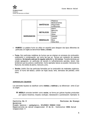 Curso Básico Salud
Ocupacional
Antioquia
Centro de Servicios a la Salud




                                                      Plásticos
                                                      Medicamentos
                                      SINTÉTICOS      Plaguicidas
                                                      Fertilizantes
                                                      Hierro
                                                      Mercurio
                                      METÁLICOS       Plomo
                                                      Otros
                   INORGÁNICOS                        Asbesto
                                                      Cuarzo
                                      MINERALES       Mica
                                                      Sílice libre


•    HUMOS: La palabra humo se utiliza en español para designar dos tipos diferentes de
     partículas; en inglés se denominan fume y smoke.


• Fume. Son partículas metálicas de humos que se originan en procesos de combustión,
    sublimación y condensación, así como las que se forman por oxidación de vapores
    metálicos. Su tamaño está por lo regular entre 0,2 y 0,5 micras. Transformándose por
    simple agregación, en partículas de tamaño lo suficientemente grandes, tienen más
    tendencia que los polvos a sedimentar. Como ejemplos típicos se pueden mencionar los
    fluoruros, los óxidos de plomo, mercurio y zinc.

• Smoke. (hollín) Son las partículas formadas por la combustión de materiales orgánicos,
    como: el humo del tabaco, carbón de hojas secas, leña, derivados del petróleo, entre
    otros.




AEROSOLES LÍQUIDOS

Los aerosoles líquidos se clasifican como nieblas y neblinas y se diferencian entre sÍ por
su origen.


     ♦ NIEBLA conocida también como rocíos, se forma por goticas líquidas producidas
          por ruptura mecánica, impacto, burbujeo, nebulización o pulverización. Ejemplos: la


Cartilla No 8                                                     Factores de Riesgo
Químicos
Diseño técnico – pedagógico, WILFREDO URREGO DIAZ
Especialista en salud ocupacional (U de A), Instructor SENA Salud
ocupacional 5

                                                                                           5
 