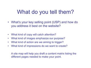 What do you tell them?
• What’s your key selling point (USP) and how do
you address it best on the website?
• What kind of...