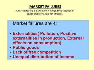 MARKET FAILURES
A market failure is a situation in which the allocation of
goods and services is not efficient.
Market fai...
