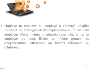26
• Employe to employe ou employé à employé: relation
touchant les échanges électroniques entre au moins deux
employés d’une même organisation(exemple: entre les
employés de deux filiales du même groupe) ou
d’organisations différentes au travers d’Intranet ou
d’Internet.
 