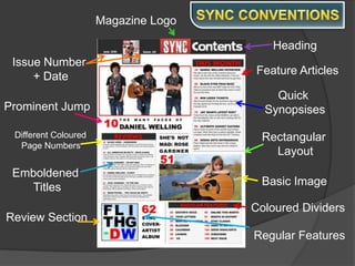 SYNC CONVENTIONSMagazine LogoHeadingIssue Number + DateFeature ArticlesQuick SynopsisesProminent JumpDifferent ColouredPage NumbersRectangular LayoutEmboldened TitlesBasic ImageColoured DividersReview SectionRegular Features