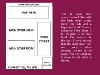 This is what most
magazines look like, with
the basic cover stories
along one side and a
large mast head. The only
downside I feel there is
to this plain is the mast
head. After research in
the past I have noticed
that the mast head isn't
seen    properly       when
covering the top of the
cover. And if it is laid out
in shops then it might be
shown.
 