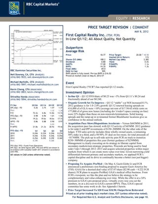 PRICE TARGET REVISION | COMMENT
MAY 8, 2012
First Capital Realty Inc. (TSX: FCR)
In-Line Q1/12; All About Quality, Not Quantity
Outperform
Average Risk
Price: 18.77
Shares O/S (MM): 180.2
Dividend: 0.80
NAVPS: 17.00
BVPS: 14.35
Float (MM): 69.0
Debt to Cap: 50%
Price Target: 20.00 ↑ 18.50
Implied All-In Return: 11%
Market Cap (MM): 3,382
Yield: 4.3%
P/NAVPS: 1.1x
P/BVPS: 1.3x
BVPS above is fully taxed. Pre-tax BVPS is $16.02
Priced at market close on May 8, 2012 ET
Event
First Capital Realty ("FCR") has reported Q1/12 results.
Investment Opinion
• In-line Q1 – Q1/12 FFO/share of $0.25 was +3% from Q1/11’s $0.24 and
fractionally ahead of our $0.24E.
• Organic Growth Set To Improve – Q1/12 “stable” s-p NOI increased 0.1%.
2012 guidance is for 1.0–2.0% growth. Q1/12 renewal leasing spreads on
416,000 sf of GLA were +10% (average net rent of $17.50/sf) while rents on
177,000 sf of gross new leases (including dev’t/redev't space coming on-line)
were 22% higher than those on non-renewals/terminations. Solid leasing
spreads and the ramp-up in re-tenanted former Blockbuster locations give us
confidence in the annual outlook.
• Acquisition Pace Slows/Dispositions Accelerate – Versus $443MM in 2011,
the acquisition pace has slowed, with Q1/12 activity of $45MM. 2012 guidance
is for redev't and IPP investments of $150–200MM. On the other side of the
ledger, YTD sales activity includes three wholly owned assets, a remaining
50% stake in a third, and a 50/50% JV deal on two more, for total proceeds of
~$176MM. The pick-up in sell-side activity puts FCR on track to monetize
$250–300MM of properties this year (former guidance of $250MM).
Management is clearly executing on its strategy to liberate capital from
secondary markets/non-strategic properties. Proceeds are being used to fund
redev’t/dev’t through 2012–2013 and acquire selected properties within major
markets from which it can create more value over time. Given narrowing yield
differentials between primary and secondary markets, we applaud FCR’s
capital discipline and its drive to continually become a better (not just bigger)
company.
• Proposing To Acquire ProMed – On May 4, Gazit-Globe Lt and FCR
announced a preliminary non-binding proposal to acquire Gazit America Inc
(TSX: GAA) for a deemed deal value of $7.07/share ($2.90 cash + 0.222 FCR
shares). FCR plans to acquire ProMed, GAA's medical office business. From
FCR's viewpoint, we like the plan and we believe the strategy to be
complementary and value-enhancing over time. While the offer is at a 34%
premium to GAA's pre-proposal price, virtually every way you cut the
numbers, its at a discount to GAA's current BPVS. Thus, GAA's special
committee has some work to do. See Appendix I herein.
• Price Target Increased To $20 From $18.50; Outperform Reiterated
Priced as of prior trading day's market close, EST (unless otherwise noted).
125 WEEKS 25DEC09 - 08MAY12
12.00
14.00
16.00
18.00
D J F M A M J J A S O N
2010
D J F M A M J J A S O N
2011
D J F M A M
2012
HI-11MAY12 18.86
LO/HI DIFF 77.51%
CLOSE 18.77
LO-07MAY10 10.63
1500
3000
4500
PEAK VOL. 5738.0
VOLUME 362.5
100.00
110.00
120.00
130.00
Rel. S&P/TSX COMPOSITE INDEX HI-11MAY12 139.89
LO/HI DIFF 45.07%
CLOSE 139.89
LO-19FEB10 96.43
RBC Dominion Securities Inc.
Neil Downey, CA, CFA (Analyst)
(416) 842-7835; neil.downey@rbccm.com
Michael Markidis, CFA (Analyst)
(416) 842-7897; michael.markidis@rbccm.com
Kevin Cheng, CFA (Associate)
(416) 842-3803; kevin.cheng@rbccm.com
Shivalika Handa (Associate)
(416) 842-7894; shivalika.handa@rbccm.com
FY Dec 2010A 2011A 2012E 2013E
EPS (Op) - FD 0.26 2.75 1.47 1.37
Prev. 1.32 1.36
P/E 72.2x 6.8x 12.8x 13.7x
FFO (Op) - FD 0.98 0.96 1.01 1.06
P/FFO 19.2x 19.6x 18.6x 17.7x
AFFO - FD 0.86 0.88 0.90 0.97
Prev. 0.92
P/AFFO 21.8x 21.3x 20.9x 19.4x
FFO (Op) - FD Q1 Q2 Q3 Q4
2010 0.24A 0.23A 0.24A 0.27A
2011 0.24A 0.23A 0.24A 0.25A
2012 0.25A 0.25E 0.25E 0.26E
Prev. 0.24E 0.26E
FFO (Op): FFO = Funds From Operations
EPS (Op): All 2010 figures (EPS, FFO and AFFO) are shown in
accordance with Canadian GAAP. 2011 onward in accordance
with IFRS.
All values in CAD unless otherwise noted.
For Required Non-U.S. Analyst and Conflicts Disclosures, see page 10.
 