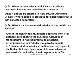 Q. 35. Where to show sales on which no tax is collected
separately & sale to non tin holders in Annexure J-1?
Ans: It should be entered in Row 5002 in Annexure
J_Sec 1 where space is provided for sales where tax is
not collected separately.
Q. 36. What is the treatment to the dealer having multi-state
activities?
Ans: If the dealer has multi state activities then Trial
Balance in relation to the business Activities in
Maharashtra is not required to be attached.
as per instruction no.27 dealer is required to submit
i) A statement of submission of audit report duly signed by
the Dealer. ii) A duly signed copy of Acknowledgement
generated after uploading of audit report in form 704.
C.A. DILIP PHADKE FCA

30

 