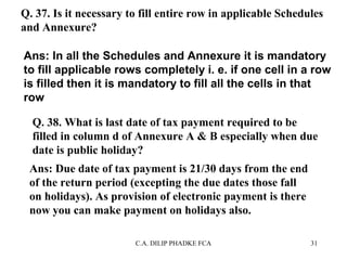 Q. 37. Is it necessary to fill entire row in applicable Schedules
and Annexure?
Ans: In all the Schedules and Annexure it is mandatory
to fill applicable rows completely i. e. if one cell in a row
is filled then it is mandatory to fill all the cells in that
row
Q. 38. What is last date of tax payment required to be
filled in column d of Annexure A & B especially when due
date is public holiday?
Ans: Due date of tax payment is 21/30 days from the end
of the return period (excepting the due dates those fall
on holidays). As provision of electronic payment is there
now you can make payment on holidays also.
C.A. DILIP PHADKE FCA

31

 