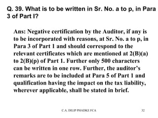 Q. 39. What is to be written in Sr. No. a to p, in Para
3 of Part I?
Ans: Negative certification by the Auditor, if any is
to be incorporated with reasons, at Sr. No. a to p, in
Para 3 of Part 1 and should correspond to the
relevant certificates which are mentioned at 2(B)(a)
to 2(B)(p) of Part 1. Further only 500 characters
can be written in one row. Further, the auditor’s
remarks are to be included at Para 5 of Part 1 and
qualification having the impact on the tax liability,
wherever applicable, shall be stated in brief.
C.A. DILIP PHADKE FCA

32

 