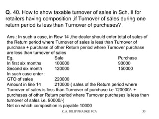 Q. 40. How to show taxable turnover of sales in Sch. II for
retailers having composition ,if Turnover of sales during one
return period is less than Turnover of purchases?
Ans.: In such a case, in Row 14 ,the dealer should enter total of sales of
the Return period where Turnover of sales is less than Turnover of
purchase + purchase of other Return period where Turnover purchase
are less than turnover of sales
Eg.
Sale
Purchase
In first six months
100000
90000
Second six month
120000
150000
In such case enter :
GTO of sales
220000
Amount in line 14
210000 ( sales of the Return period where
Turnover of sales is less than Turnover of purchase i.e.120000/- +
purchases of other Return period where Turnover purchases is less than
turnover of sales i.e. 90000/-)
Net on which composition is payable 10000
C.A. DILIP PHADKE FCA

33

 