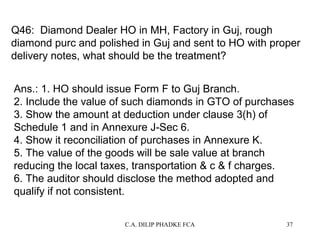 Q46: Diamond Dealer HO in MH, Factory in Guj, rough
diamond purc and polished in Guj and sent to HO with proper
delivery notes, what should be the treatment?
Ans.: 1. HO should issue Form F to Guj Branch.
2. Include the value of such diamonds in GTO of purchases
3. Show the amount at deduction under clause 3(h) of
Schedule 1 and in Annexure J-Sec 6.
4. Show it reconciliation of purchases in Annexure K.
5. The value of the goods will be sale value at branch
reducing the local taxes, transportation & c & f charges.
6. The auditor should disclose the method adopted and
qualify if not consistent.
C.A. DILIP PHADKE FCA

37

 