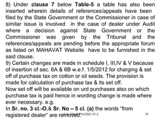 8) Under clause 7 below Table-5 a table has also been
inserted wherein details of references/appeals have been
filed by the State Government or the Commissioner in case of
similar issue is involved in the case of dealer under Audit
where a decision against State Government or the
Commissioner was given by the Tribunal and the
references/appeals are pending before the appropriate forum
as listed on MAHAVAT Website have to be furnished in the
said clause.
9) Certain changes are made in schedule I, III,IV & V because
of insertion of sec. 6A & 6B w.e.f. 1/5/2012 for charging & set
off of purchase tax on cotton or oil seeds. The provision is
made for calculation of purchase tax & its set off.
Now set off will be available on urd purchases also on which
purchase tax is paid hence in wording change is made where
ever necessary. e.g.
In Sr. no. 3 cl.-O,& Sr. No – 5 cl. (a) the words “from
C.A. DILIP PHADKE FCA
58
registered dealer” are removed.

 