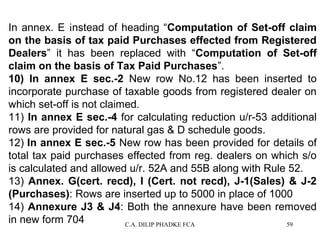In annex. E instead of heading “Computation of Set-off claim
on the basis of tax paid Purchases effected from Registered
Dealers” it has been replaced with “Computation of Set-off
claim on the basis of Tax Paid Purchases”.
10) In annex E sec.-2 New row No.12 has been inserted to
incorporate purchase of taxable goods from registered dealer on
which set-off is not claimed.
11) In annex E sec.-4 for calculating reduction u/r-53 additional
rows are provided for natural gas & D schedule goods.
12) In annex E sec.-5 New row has been provided for details of
total tax paid purchases effected from reg. dealers on which s/o
is calculated and allowed u/r. 52A and 55B along with Rule 52.
13) Annex. G(cert. recd), I (Cert. not recd), J-1(Sales) & J-2
(Purchases): Rows are inserted up to 5000 in place of 1000
14) Annexure J3 & J4: Both the annexure have been removed
in new form 704
C.A. DILIP PHADKE FCA
59

 