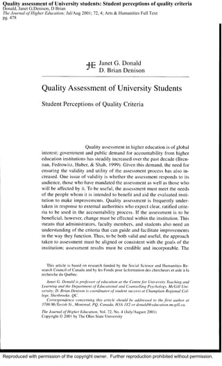 Reproduced with permission of the copyright owner. Further reproduction prohibited without permission.
Quality assessment of University students: Student perceptions of quality criteria
Donald, Janet G;Denison, D Brian
The Journal of Higher Education; Jul/Aug 2001; 72, 4; Arts & Humanities Full Text
pg. 478
 