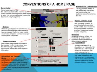 CONVENTIONS OF A HOME PAGE Motion Picture Title and Taglin
Usually placed at the top of
the website and it is usually
the first thing that the
audience sees when entering
the site.
Content’s bar
Placed underneath the title,
this is because it allows the audience to click
on and view the different sections of the website
In which they can access for other content (i.e.
Downloads and photo gallery).
Picture/ Animated image
Used to give the audience an
uncomfortable feeling, and it is
usually used to place them in the
protagonists shoes, most main
pictures of the website usually
have the antagonist.
Reviews
The most typical part of the website, they act
as mini advertisements to the audience by
having reviews of the film by major media/
mass media companies such as; newspaper
and magazine companies.
News and updates
Used to keep the audience up-to-date on
the events of the film (i.e. premiere, when
the different stages of the film (when
production is starting) and other important
information.
Social Media
Similar to the news, but is
placed there so it allows the film
to broaden to a wider range of
audiences by having its own
social pages, giving the
audience content (in terms of
cast roles, competitions and
links to content (i.e. interviews
with the stars and director of the
film and clips from the motion
picture and behind the scenes.
Billing block and Company
idents
The same with the poster and the trailer, the
billing block is consistent throughout
because it gives thanks to the companies
that helped make the motion picture and
sometimes the website. As well as the
company idents to give visual remembrance
to the audience.
Hyperlinks
Allows the audience to have the
freedom to go to other pages,
hyperlinks can be identified by a
button, different colour or
underlined.
 