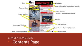 CONVENTIONS USED
• Contents Page
Masthead
Menu of main
articles – main written content
Page numbers
Image captions
Subscription offer advertisement
Social media information
Summary of this issue
Logo
Images
Issue information and website address
Page number
Side Headings
 