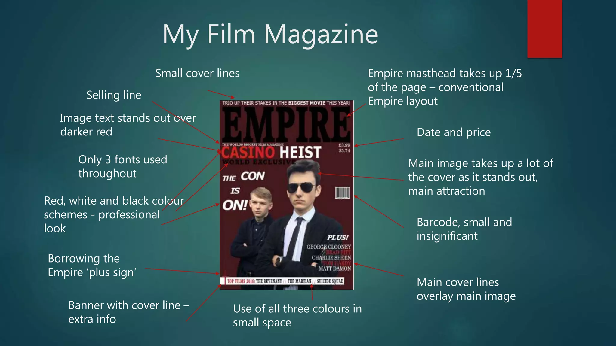 My Film Magazine
Small cover lines
Selling line
Date and price
Empire masthead takes up 1/5
of the page – conventional
Empire layout
Main image takes up a lot of
the cover as it stands out,
main attraction
Barcode, small and
insignificant
Main cover lines
overlay main image
Only 3 fonts used
throughout
Banner with cover line –
extra info
Borrowing the
Empire ‘plus sign’
Red, white and black colour
schemes - professional
look
Use of all three colours in
small space
Image text stands out over
darker red
 