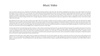 From our research, pop music has a stereotype of mostly being suitable for female audiences rather than male. We therefore challenged this and made our music video suitable for the view of
both genders and isn’t tailored to one. Plus, most pop music is associated with women being powerful humans that are represented as being indestructible and fearless. Hence, we challenged
that image by having a female who showed herself to instead be an emotional individual who converts those stereotypes of being “indestructible” and shows the reality of life rather than
showing an unrealistic representation of how women should live their lives. Therefore, in our music video we chose to have our actor lip sync in a way where she did not connect with the
audience directly as we aimed to display the idea of her no longer being alive and that she Is disconnected from reality. We supported our idea by changing the contrast of the scene to add a
colder feel to the mood.
We developed the idea of pop music videos having on main singer rather than focusing on multiple, this way the audience are able to sympathize with the artist. We approached this slightly
differently as the artist wouldn't usually be directly involved in the narrative as well as the lip syncing. An example of this would be Beyoncé's ‘Pretty Hurts’ where she not only lip syncs to the
song but takes apart in the narrative. During further research we found that audiences are more intrigued and drawn in if the artist is interacting with the narrative. By doing this research I was
also able to look into the range of camera shots/angles used. We decided close ups, long shots and two shots would fit our narrative the best. Based on pop genre it is usual for them to use a lot
of close ups to promote the artist but also highlight them as being the main event in music videos.
The pop songs we have researched heavily used fast transitions in order to keep up wit the beat and mood of the song. We learned that the pacing of the song affects the amount of transitions
in a scene, because our song is moderately fast paced, we had a lot of quick cuts to enhance the intensify the energy of the song. However, one thing pop music videos didn’t do was use slow
motion, we challenged this and chose to use slow motion to emphasise particular moments in our music video. For example; the dancing scenes linked up with the lyrics, ‘symphony, will you
hold me tight and don’t let go’ we chose to put this in slow motion as we felt the words synced the visuals and this was a section we wanted to emphasise. By doing this it helped the audience
focus on the artist for longer automatically forming a bond with them.
Typically the artist would have a direct address with the audience by looking directly into the camera however we chose to convert this and have our artist lip sync while looking into the
distance. This is a music videos main selling point, however we found for our narrative it would fit best with our singer looking into the distance to show that she’s slowing fading away and no
longer in connection with life. This was developed into our own idea based on narrative therefore using our creativity while still being aware of the conventions music videos follow in order to
be successful.
Music Video
 