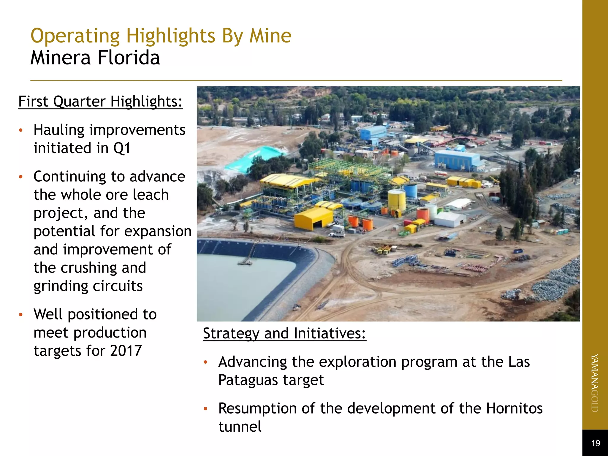 19
Operating Highlights By Mine
Minera Florida
First Quarter Highlights:
• Hauling improvements
initiated in Q1
• Continuing to advance
the whole ore leach
project, and the
potential for expansion
and improvement of
the crushing and
grinding circuits
• Well positioned to
meet production
targets for 2017
Strategy and Initiatives:
• Advancing the exploration program at the Las
Pataguas target
• Resumption of the development of the Hornitos
tunnel
 