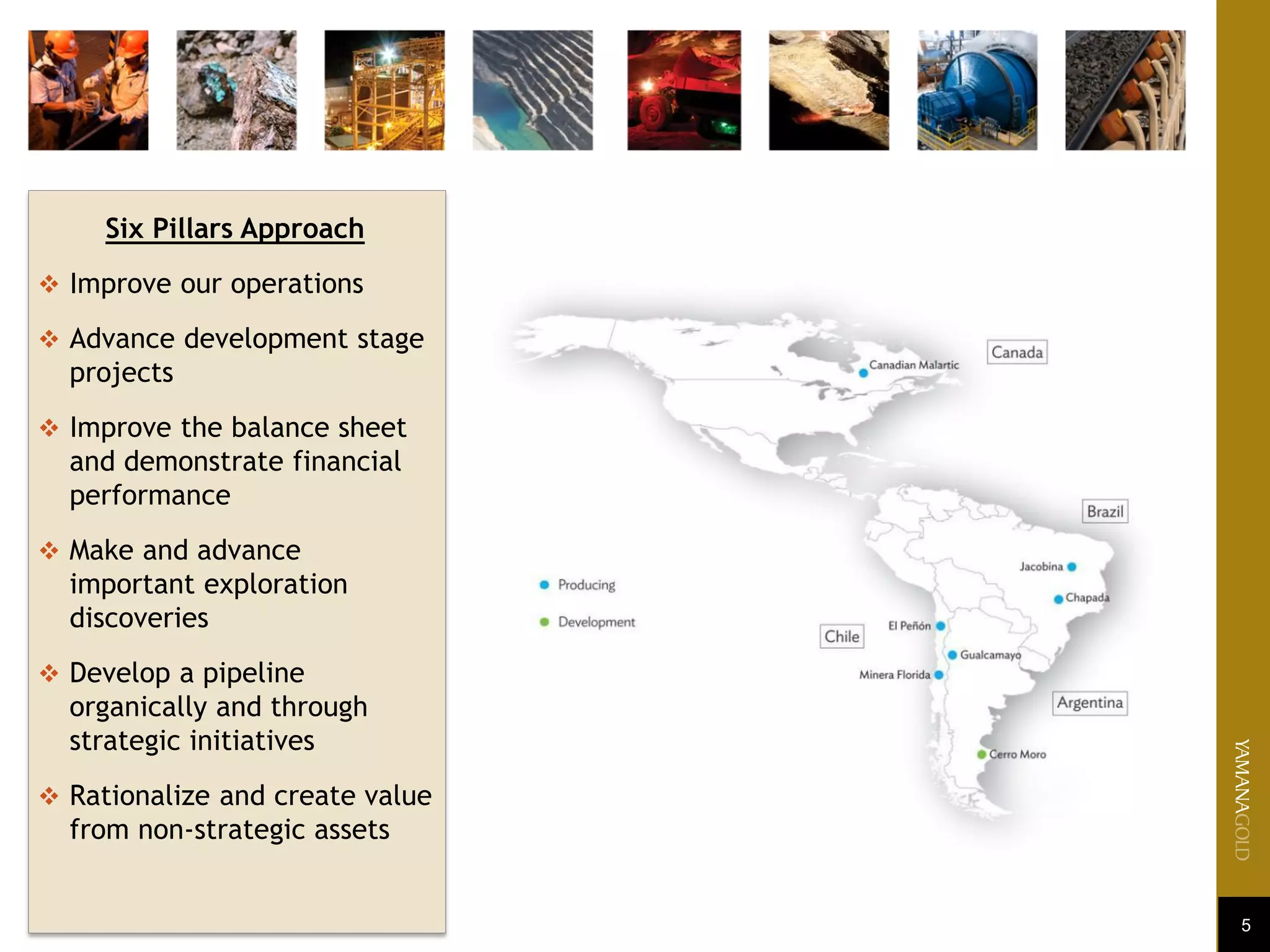 5
Six Pillars Approach
 Improve our operations
 Advance development stage
projects
 Improve the balance sheet
and demonstrate financial
performance
 Make and advance
important exploration
discoveries
 Develop a pipeline
organically and through
strategic initiatives
 Rationalize and create value
from non-strategic assets
 