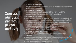 Σωστές
οδηγίες
για τον
μικρό
ασθενή
o Σε σχέση με το γεύμα.
amoxicillin+clavoul συστήνεται πριν τα γεύματα - τα υπόλοιπα
ανεξάρτητα γευμάτων
o Σε σχέση με τη φύλαξη :
Κεφαλοσπορίνες για 7 ημέρες < 25 °c, για 14 ημ 2-8°c
Amoxicillin και Clarithromycin: < 25 °c για 14 ημ
o Σε σχέση με τον εμετό:
• Εντός 15 λεπτών από τη δόση: Είναι απίθανο το φάρμακο να
→
έχει απορροφηθεί. Η δόση συνήθως πρέπει να επαναληφθεί.
• 15–30 λεπτά μετά τη δόση: Μπορεί να έχει συμβεί μερική
→
απορρόφηση. Η κλινική πρακτική ποικίλλει.
• > 30 λεπτά μετά τη δόση: Είναι πιθανή σημαντική
→
απορρόφηση. Μην επαναλάβετε τη δόση.
Περιμένετε την επόμενη προγραμματισμένη.
o Σε σχέση με δυσκολίες λήψης
• Να δίνεται άμεσα από το ψυγείο (το κρύο μειώνει την
πικράδα).
• Να προσφέρεται μια γουλιά χυμού, νερού ή μια μικρή μπουκιά
φαγητού αμέσως μετά τη δόση
• Καλή Ανακίνηση πριν από τη χρήση
 