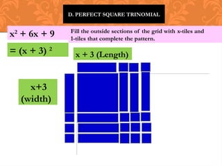 D. PERFECT SQUARE TRINOMIAL
x2
+ 6x + 9 Fill the outside sections of the grid with x-tiles and
1-tiles that complete the pattern.
x + 3 (Length)
x+3
(width)
= (x + 3) 2
 