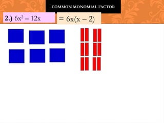 COMMON MONOMIAL FACTOR
2.) 6x2
– 12x = 6x(x – 2)
 