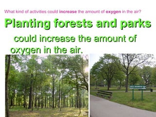 What kind of activities could  increase  the amount of  oxygen  in the air?   Planting forests and parks   could increase the amount of oxygen in the air. 