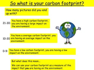 So what is your carbon footprint?
How many pictures did you end
up with?
But what does this mean...
We can use your carbon footprint as a measure of the
impact that you are having on the environment.
21-30:
10-20:
0-9:
You have a high carbon footprint,
you are having a large impact on
the environment.
You have a average carbon footprint, you
are having an average impact on the
environment.
You have a low carbon footprint, you are having a low
impact on the environment.
 