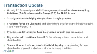 ©2018 Acxiom
Transaction Update
3
› On July 2nd Acxiom signed definitive agreement to sell Acxiom Marketing
Solutions (AMS) to Interpublic Group (IPG) for $2.3B in cash
› Strong outcome to highly competitive strategic process
› Sharpens focus on LiveRamp and strengthens position as the industry-leading
SaaS identity platform
› Provides capital to further fund LiveRamp’s growth and innovation
› Big win for all constituencies – IPG, the industry, clients, associates, and
shareholders
› Transaction on track to close in the third fiscal quarter pending Acxiom
shareholder approval and other customary closing conditions
 
