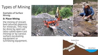 Types of Mining
Examples of Surface
Mining:
D. Placer Mining
the mining of stream
bed (alluvial) deposits
for minerals. This may
be done by open-pit
(also called open-cast
mining) or by various
surface excavating
equipment or
tunnelling equipment.
 