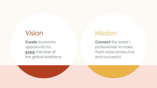 Vision
Create economic
opportunity for
every member of
the global workforce
Mission
Connect the world’s
professionals to m...