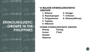 ETHNOLINGUISTIC
GROUPS IN THE
PHILIPPINES
 8 MAJOR ETHNOLINGUISTIC
GROUPS
1. Ilokano 6. Ilonggo
2. Kapampangan 7. Cebuano
3. Pangasinense 8. Binisaya(Waray)
4. Tagalog
5. Bikolano
 OTHER ETHNOLINGUISTIC GROUPS
Ibanag Tausug
Ivatan T’boli
Sambal
Subanon
 