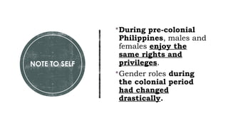 NOTE TO SELF
During pre-colonial
Philippines, males and
females enjoy the
same rights and
privileges.
Gender roles during
the colonial period
had changed
drastically.
 