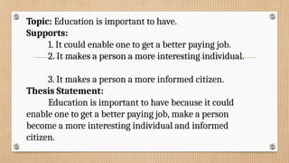 Topic: Education is important to have.
Supports:
1. It could enable one to get a better paying job.
2. It makes a person a more interesting individual.
3. It makes a person a more informed citizen.
Thesis Statement:
Education is important to have because it could
enable one to get a better paying job, make a person
become a more interesting individual and informed
citizen.
 