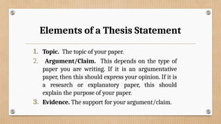 Elements of a Thesis Statement
1. Topic. The topic of your paper.
2. Argument/Claim. This depends on the type of
paper you are writing. If it is an argumentative
paper, then this should express your opinion. If it is
a research or explanatory paper, this should
explain the purpose of your paper.
3. Evidence. The support for your argument/claim.
 