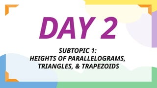 DAY 2
SUBTOPIC 1:
HEIGHTS OF PARALLELOGRAMS,
TRIANGLES, & TRAPEZOIDS
 